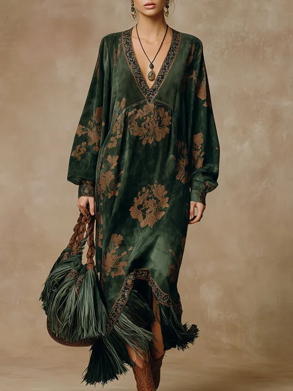 Retro Silhouette Printed Green Faux Suede Tassel Maxi Dress sold by Oyrosy