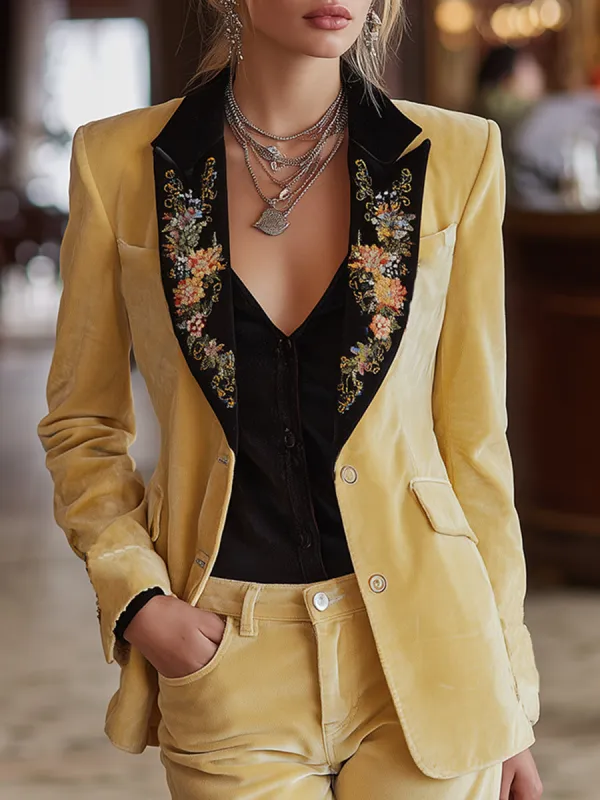Retro-style Warm Color-blocked Collar Light Yellow Velvet Embroidered Blazer sold by Oyrosy