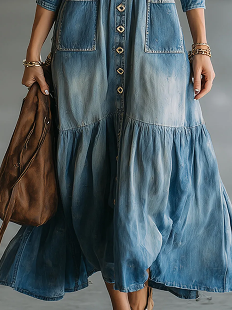 Stylish And Unique Distressed Blue Denim Button-down Maxi Dress sold by Oyrosy product image thumbnail 4