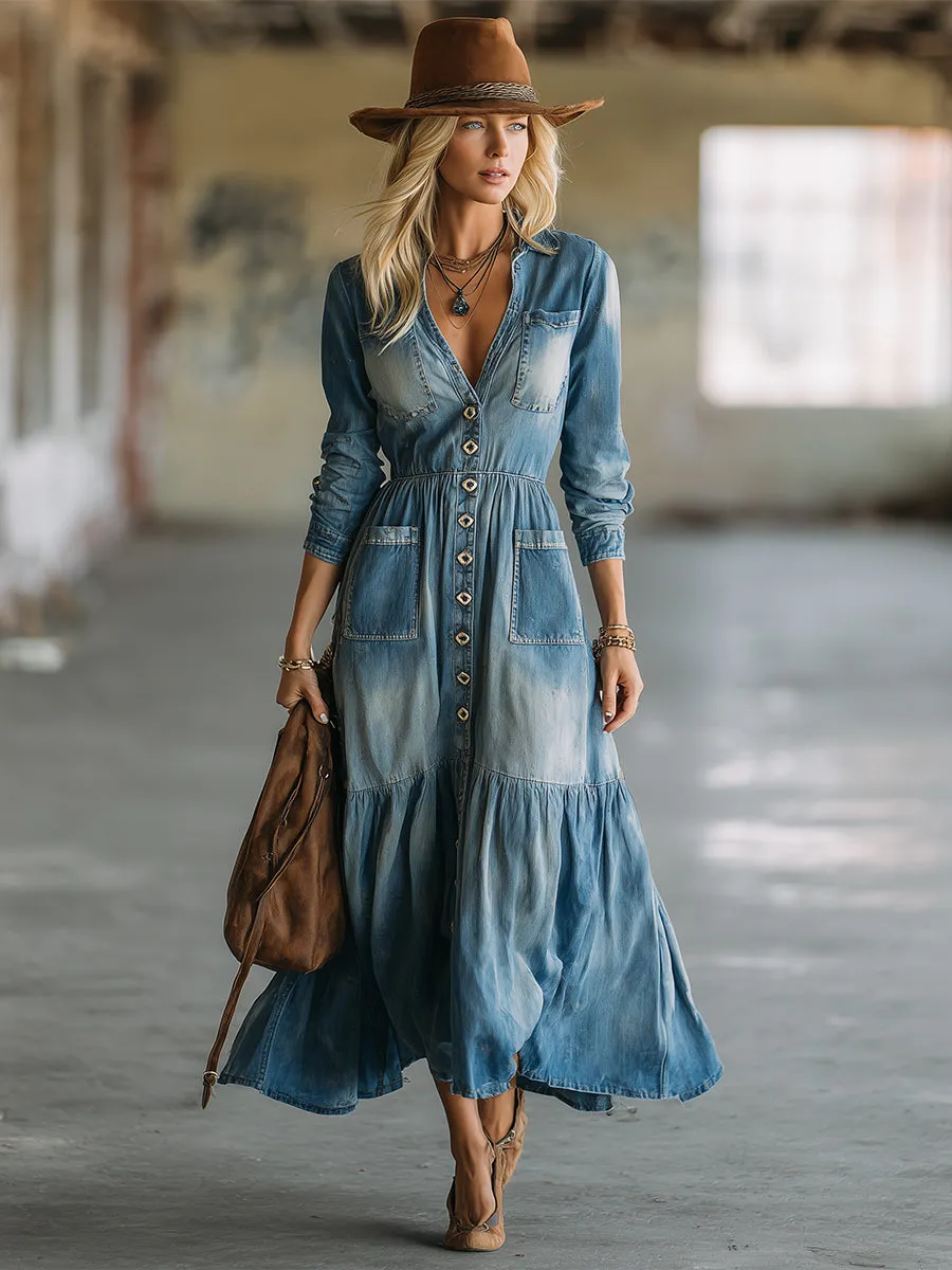 Stylish And Unique Distressed Blue Denim Button-down Maxi Dress sold by Oyrosy product image thumbnail 2