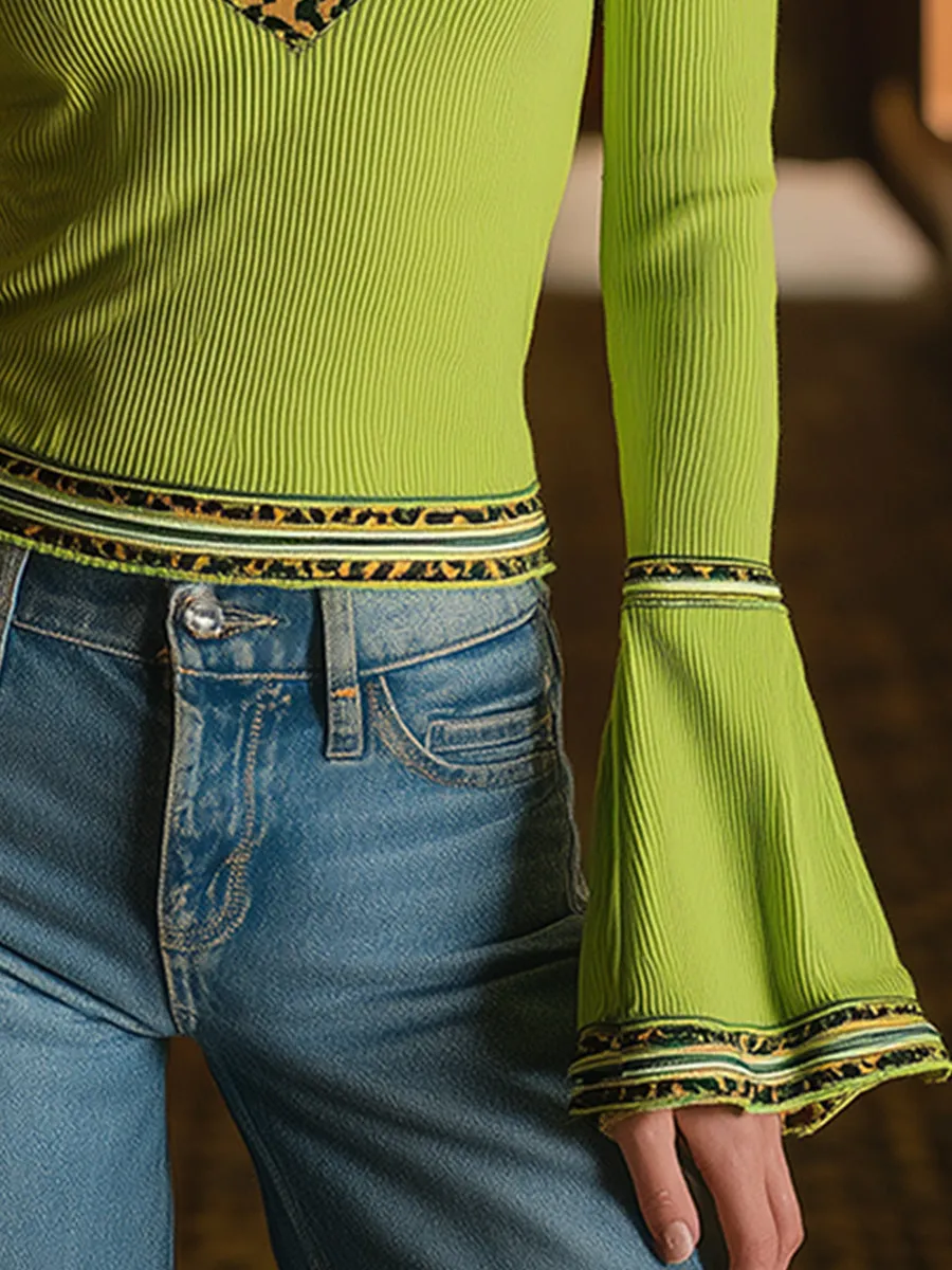 Stylish And Versatile Leopard Print Trim Fluorescent Green V-neck Knit Top sold by Oyrosy product image thumbnail 4