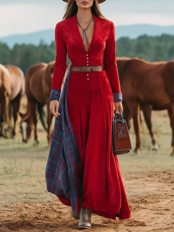Western-style Red Faux Suede Patchwork Plaid Maxi Dress sold by Oyrosy