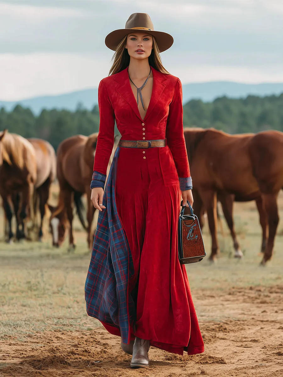 Western-style Red Faux Suede Patchwork Plaid Maxi Dress sold by Oyrosy product image thumbnail 2