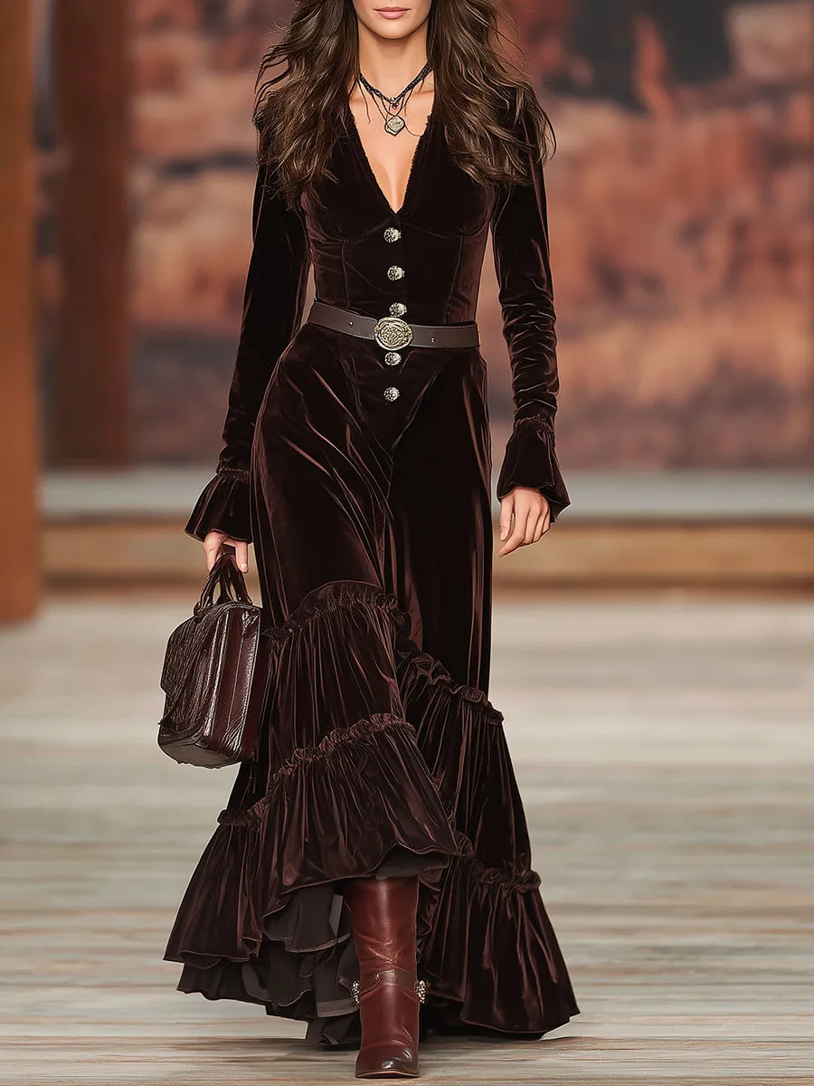 Western Brown V-neck Button-down Ruffle Maxi Dress sold by Oyrosy