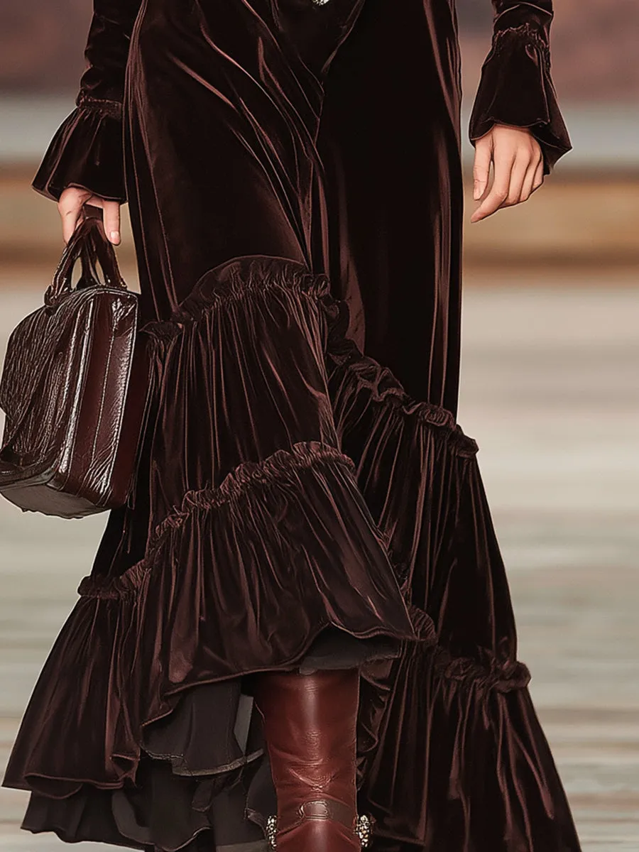 Western Brown V-neck Button-down Ruffle Maxi Dress sold by Oyrosy product image thumbnail 4