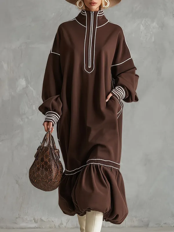 Stylish Sporty White-trimmed Brown Midi Dress sold by Oyrosy