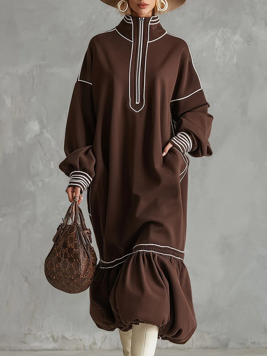 Stylish Sporty White-trimmed Brown Midi Dress sold by Oyrosy
