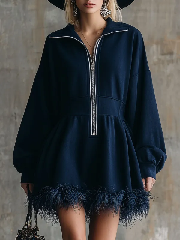 Fashionable Sporty Blue Faux Feather Embellished Mini Dress sold by Oyrosy