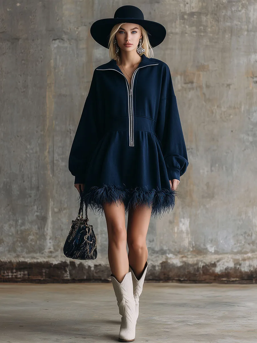Fashionable Sporty Blue Faux Feather Embellished Mini Dress sold by Oyrosy product image thumbnail 2
