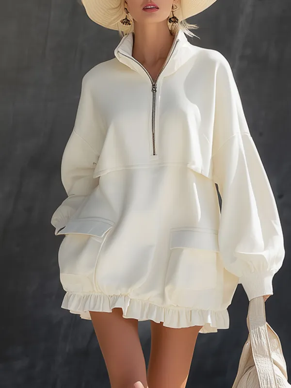 Stylish Sporty White Half-zip Ruffled Hem Mini Dress sold by Oyrosy
