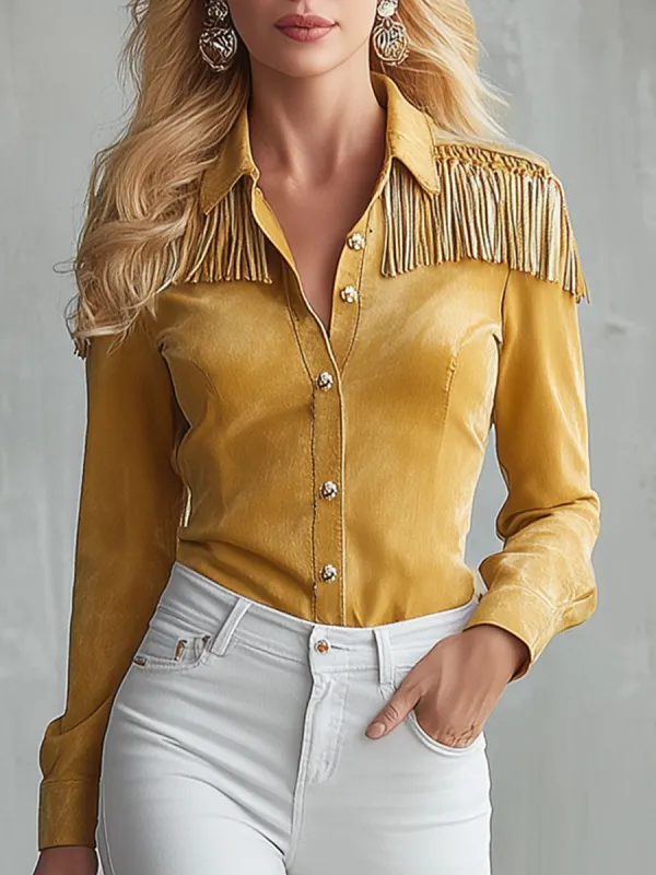Western-style Yellow Faux Suede Patchwork Tassel Shirt sold by Oyrosy