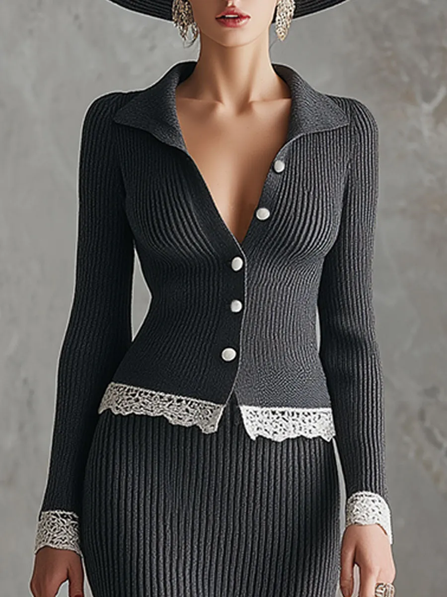 Retro White Lace-trimmed Gray Midi Skirt Set sold by Oyrosy product image thumbnail 3