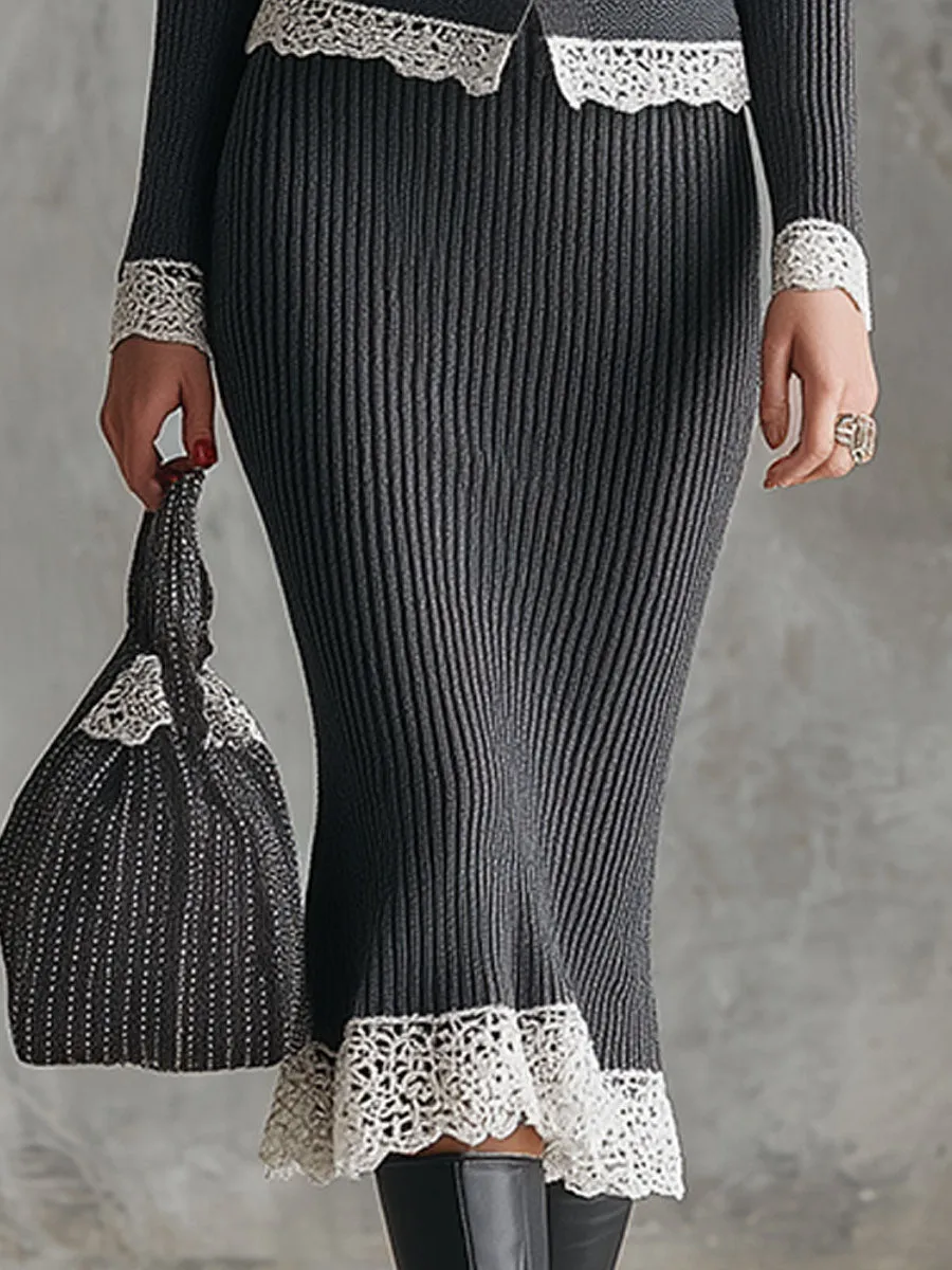 Retro White Lace-trimmed Gray Midi Skirt Set sold by Oyrosy product image thumbnail 4