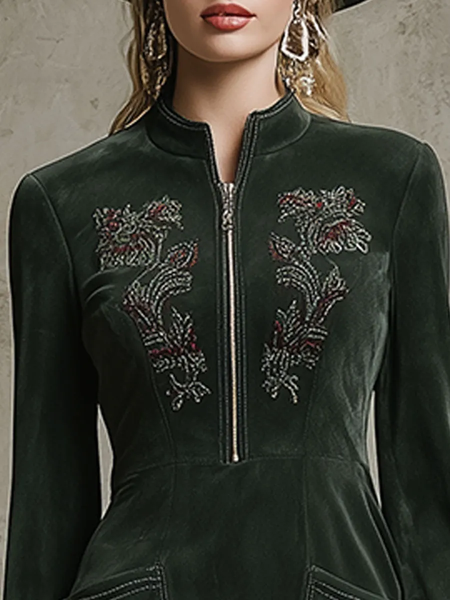 Western-style Retro Embroidered Green Faux Suede Mini Dress sold by Oyrosy product image thumbnail 3