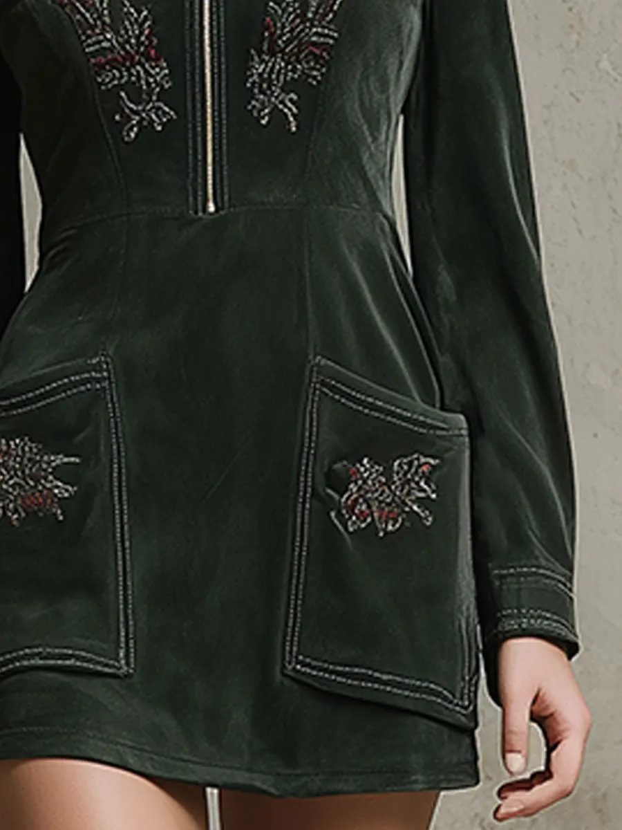 Western-style Retro Embroidered Green Faux Suede Mini Dress sold by Oyrosy product image thumbnail 4