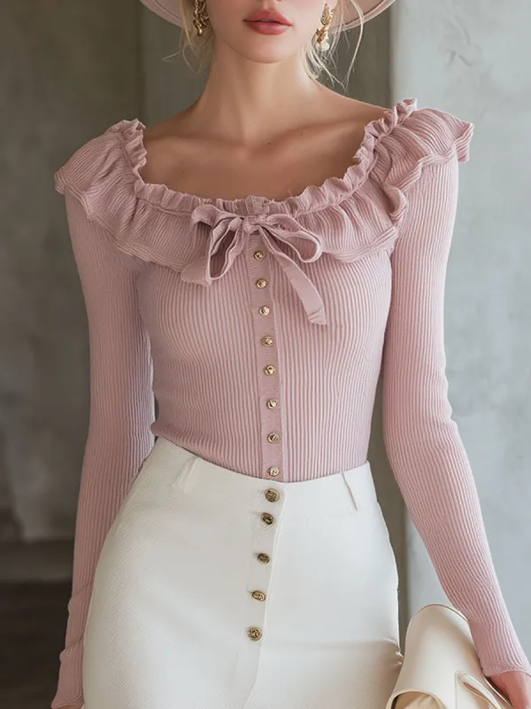Elegant Pink Ruffled Collar Button-down Knit Shirt sold by Oyrosy