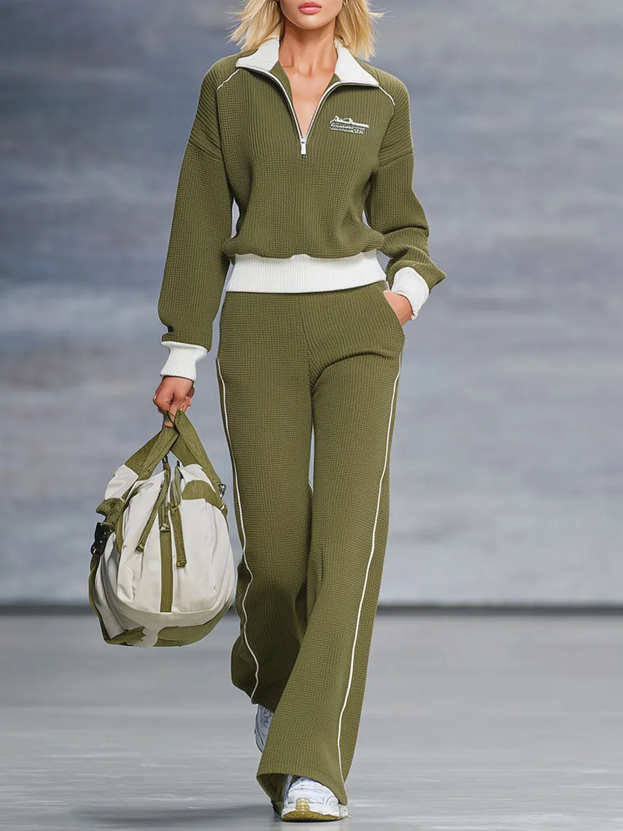 Loose-fitting Color-blocked Waffle Sweatshirt And Sweatpants Set sold by Oyrosy