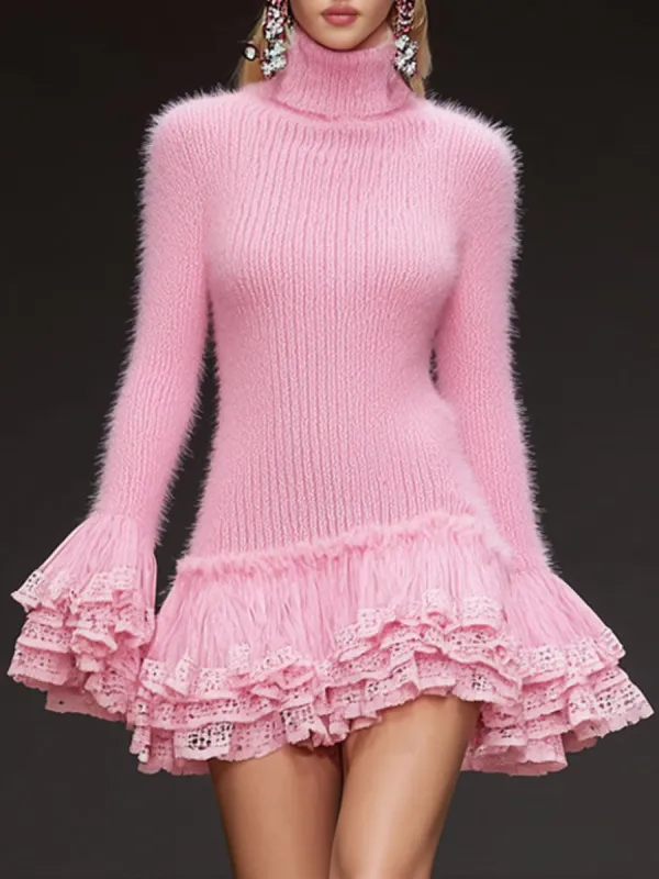 Fashionable Retro Lace Ruffle High Neck Long-haired Pink Knit Mini Dress sold by Oyrosy