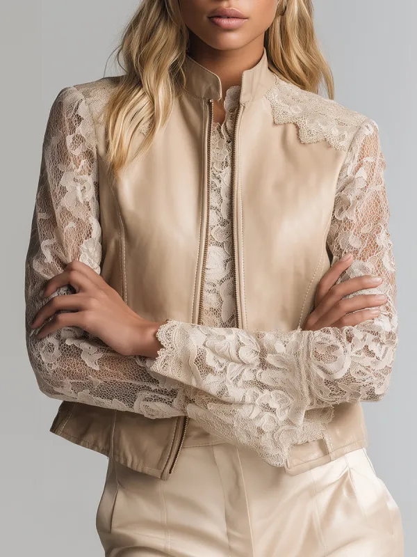 Chic Urban Beige Stand-up Collar  Lace Sleeves Faux Leather Zip-up Jacket sold by Oyrosy