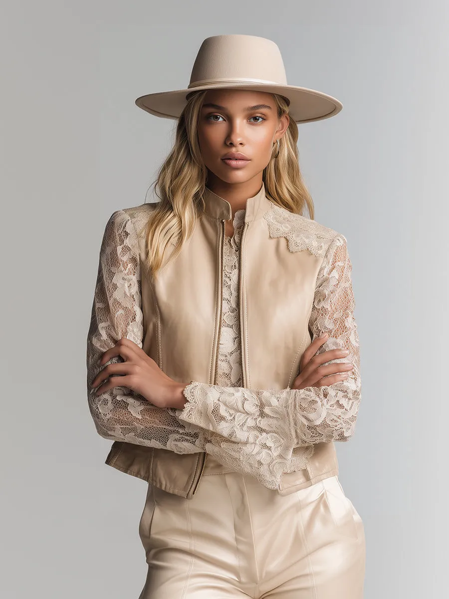 Chic Urban Beige Stand-up Collar Lace Sleeves Faux Leather Zip-up Jacket sold by Oyrosy product image thumbnail 5