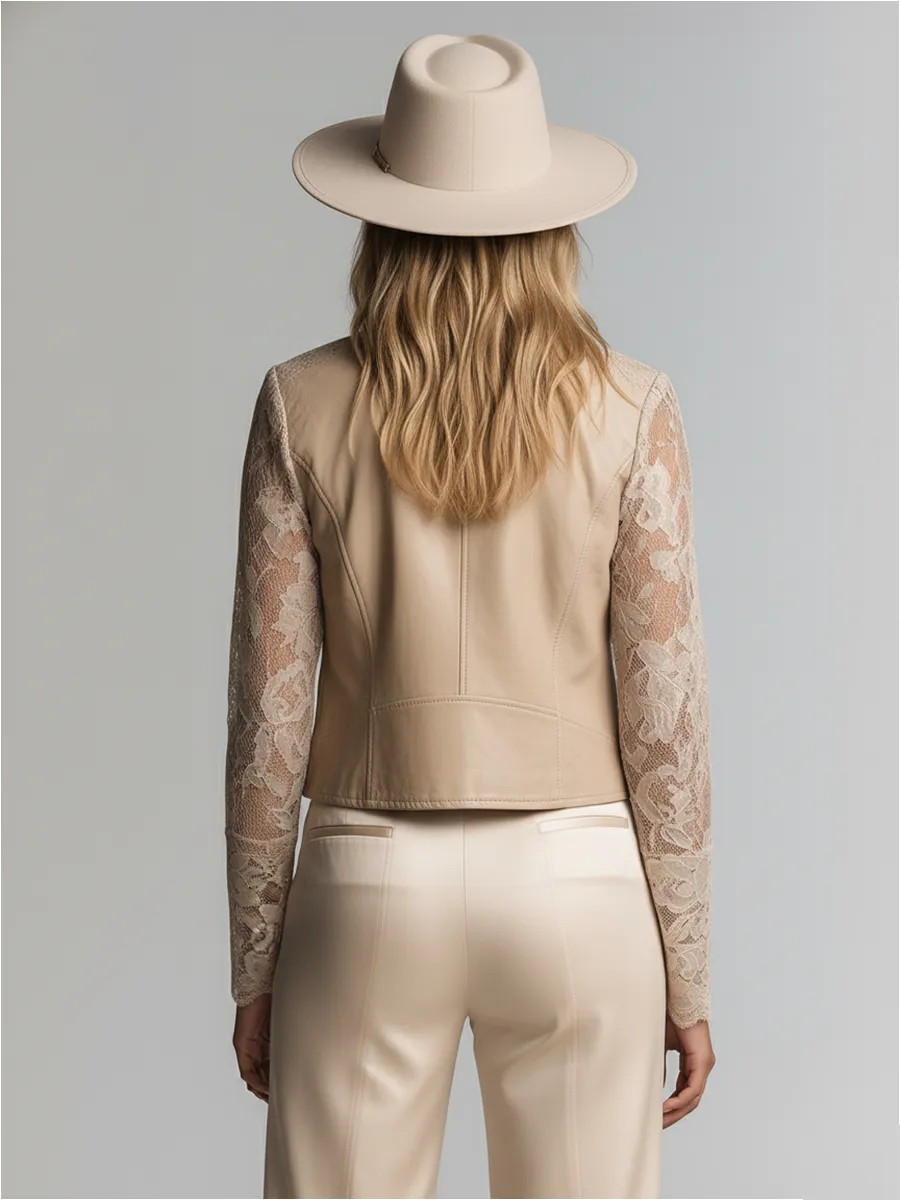 Chic Urban Beige Stand-up Collar Lace Sleeves Faux Leather Zip-up Jacket sold by Oyrosy product image thumbnail 4