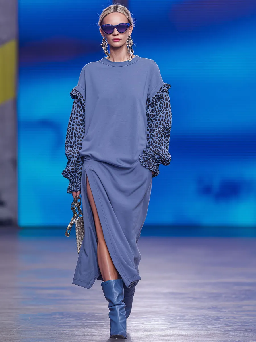 Fashionable Retro Leopard Print Long-sleeved Blue Sweatshirt With Slit Midi Dress sold by Oyrosy product image thumbnail 2