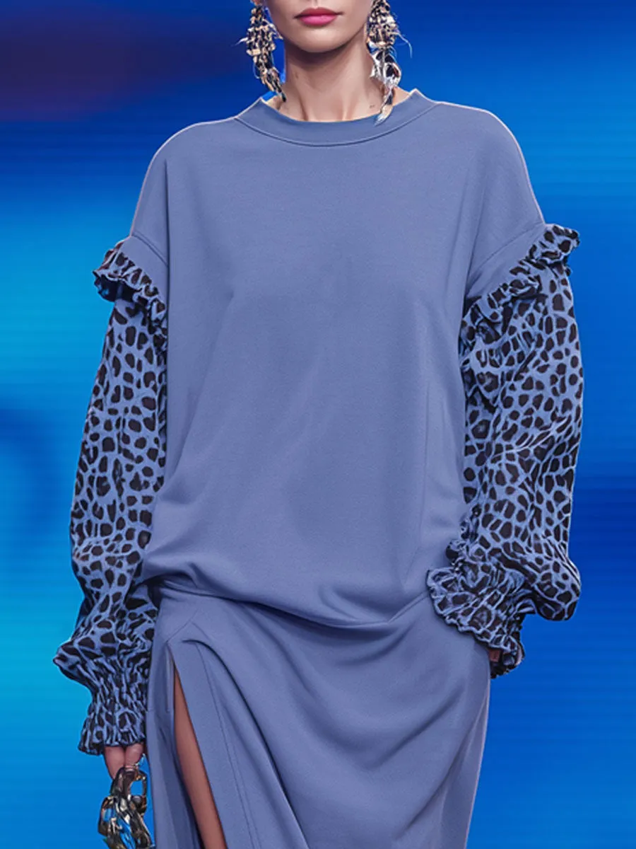 Fashionable Retro Leopard Print Long-sleeved Blue Sweatshirt With Slit Midi Dress sold by Oyrosy product image thumbnail 3