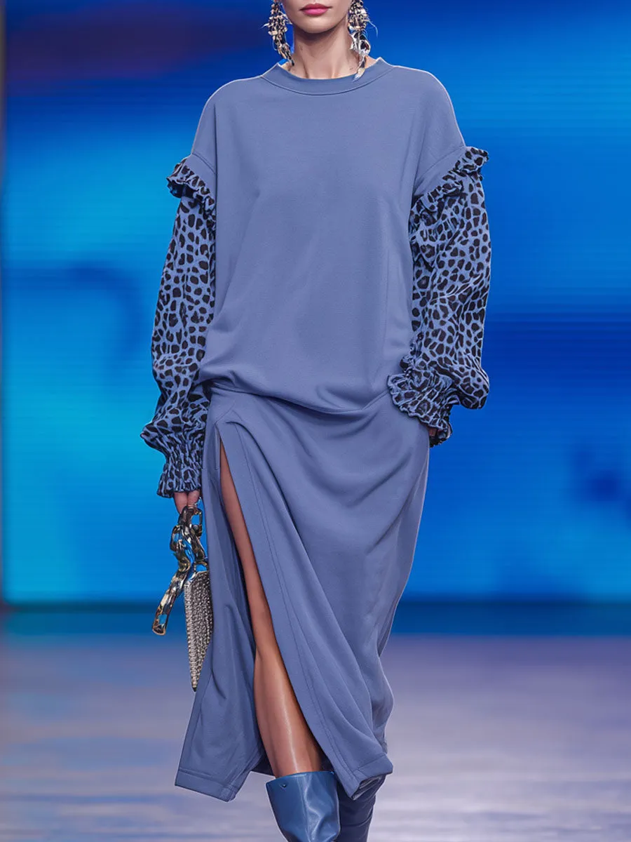 Fashionable Retro Leopard Print Long-sleeved Blue Sweatshirt With Slit Midi Dress sold by Oyrosy