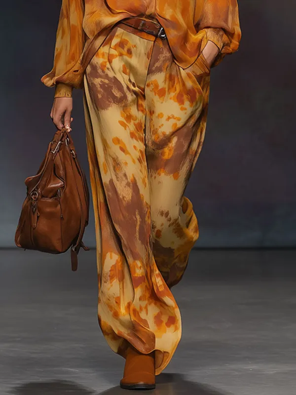 Fashionable Retro Orange Chiffon Wide-leg Pants sold by Oyrosy