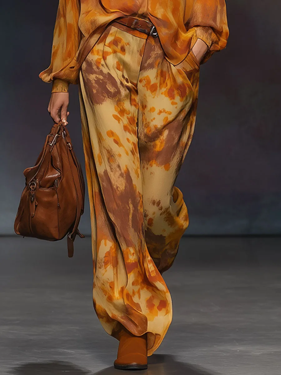 Fashionable Retro Orange Chiffon Wide-leg Pants sold by Oyrosy