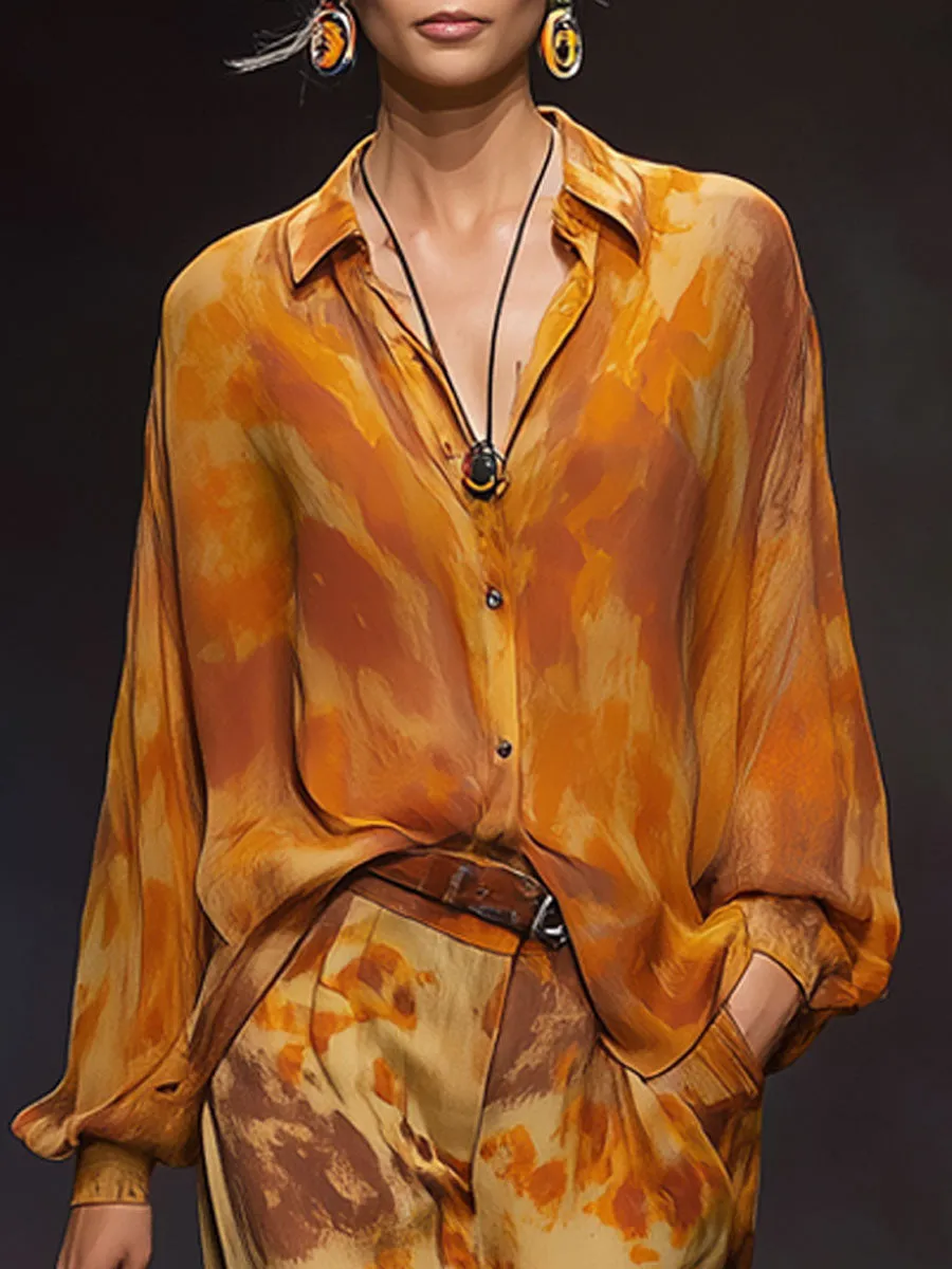 Fashionable Retro Orange Tie-dye Chiffon Long-sleeved Shirt sold by Oyrosy