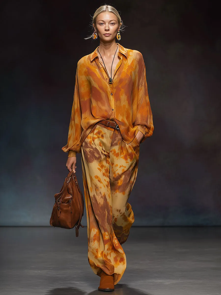 Fashionable Retro Orange Tie-dye Chiffon Long-sleeved Shirt sold by Oyrosy product image thumbnail 2