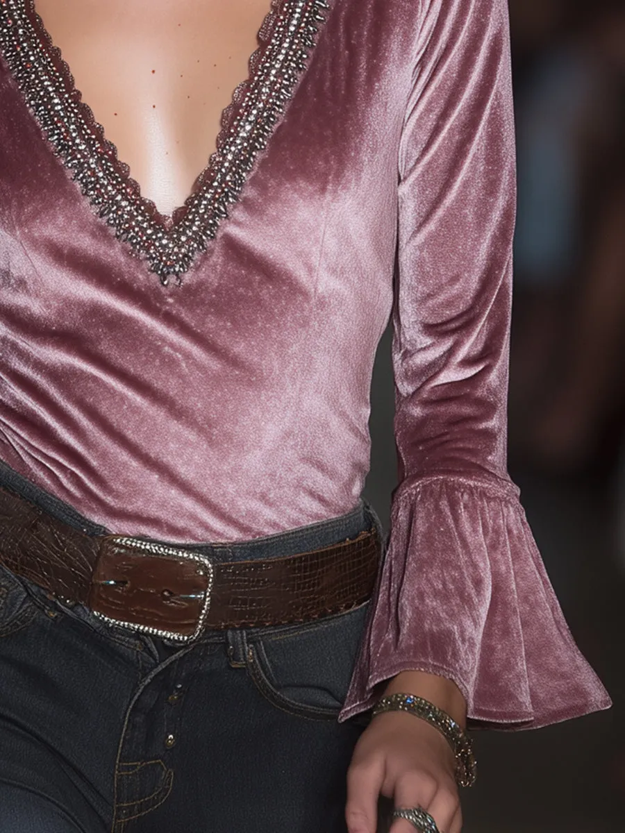 Pink Velvet V-neck Spliced with Ribbon Flared Top sold by Oyrosy product image thumbnail 4