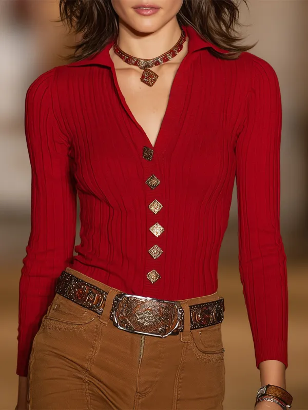 Western-style Red With Diamond-shaped Gold Buttons Cardigan sold by Oyrosy
