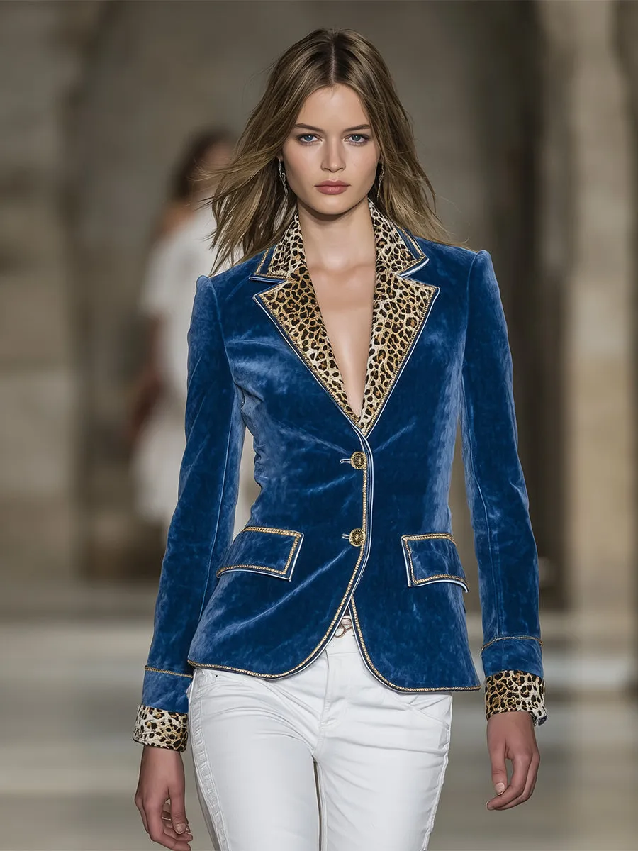 Western-style Blue Velvet Patchwork Leopard Print Button Blazer sold by Oyrosy product image thumbnail 2