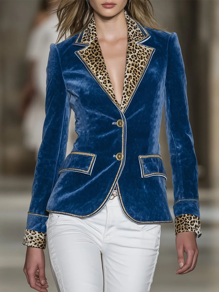 Western-style Blue Velvet Patchwork Leopard Print Button Blazer sold by Oyrosy