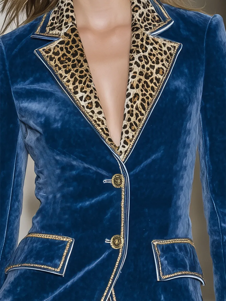 Western-style Blue Velvet Patchwork Leopard Print Button Blazer sold by Oyrosy product image thumbnail 4