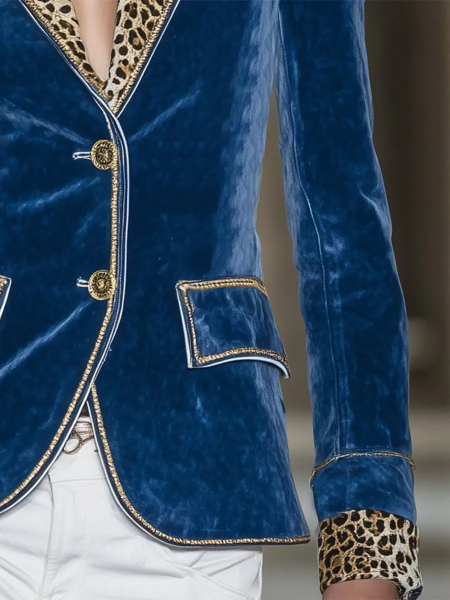 Western-style Blue Velvet Patchwork Leopard Print Button Blazer sold by Oyrosy product image thumbnail 3