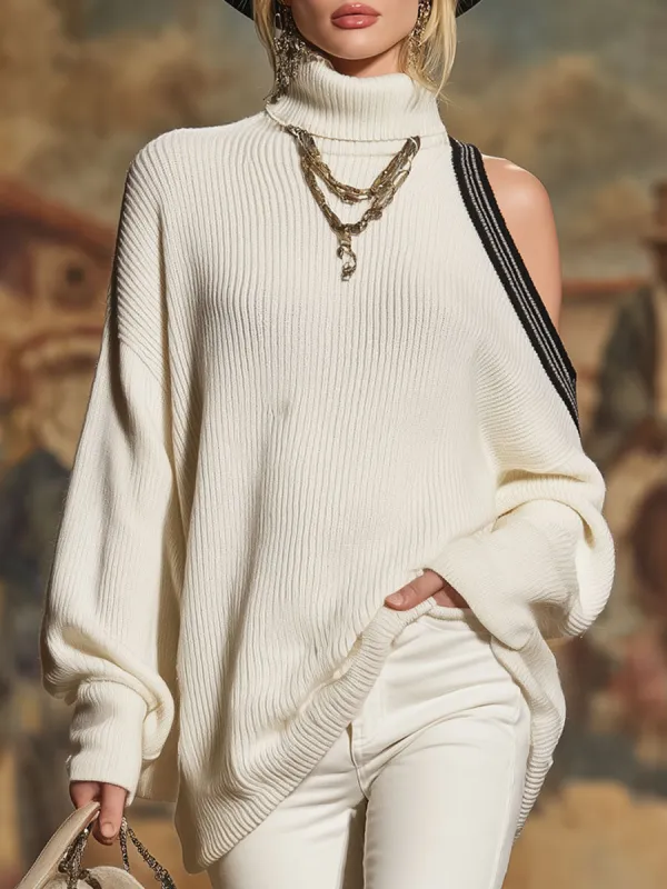 Loose-fitting Turtleneck Off-shoulder Knit Sweater sold by Oyrosy