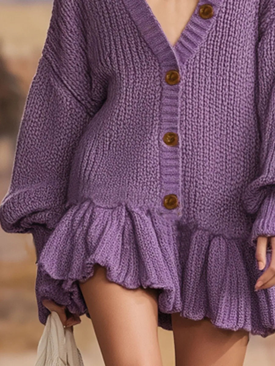 Loose V-neck Button-down Ruffled Knit Mini Dress sold by Oyrosy product image thumbnail 3