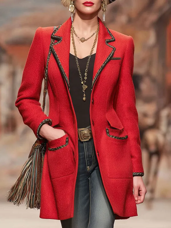 Red Lapel Multi-pocket Mid-length Tweed Coat sold by Oyrosy