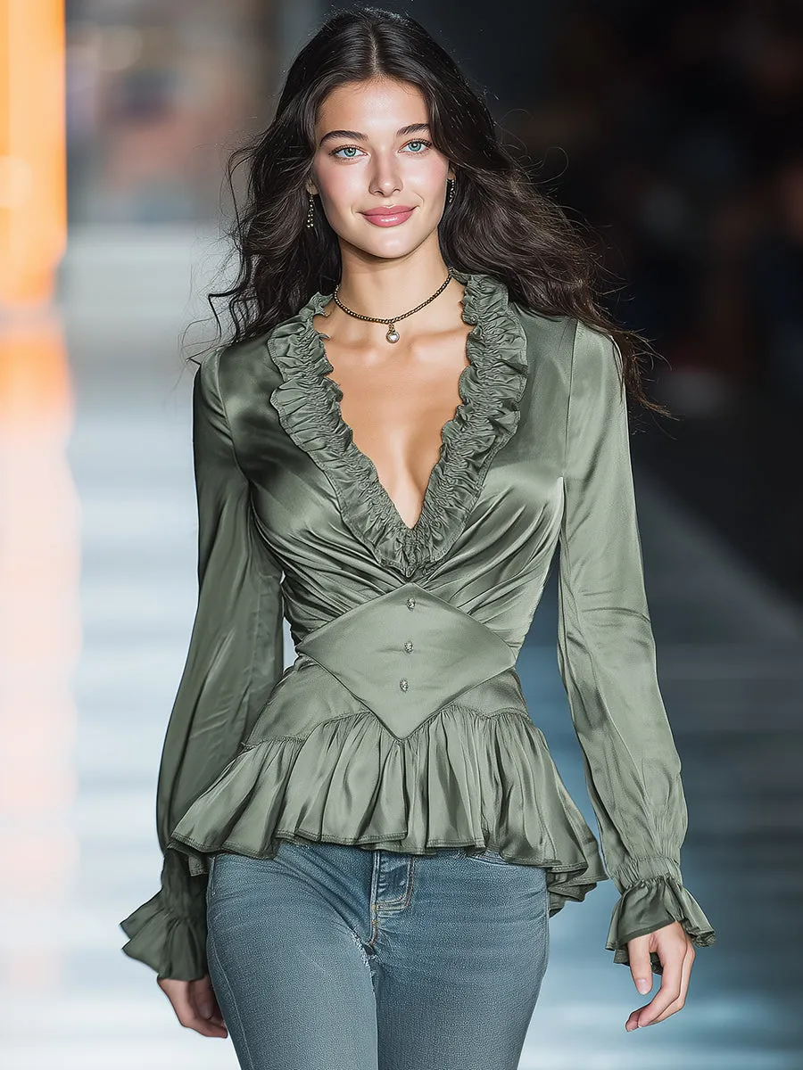 Elegant And Stylish Ruffle Trim V-neck Pea Green Satin Shirt sold by Oyrosy product image thumbnail 2