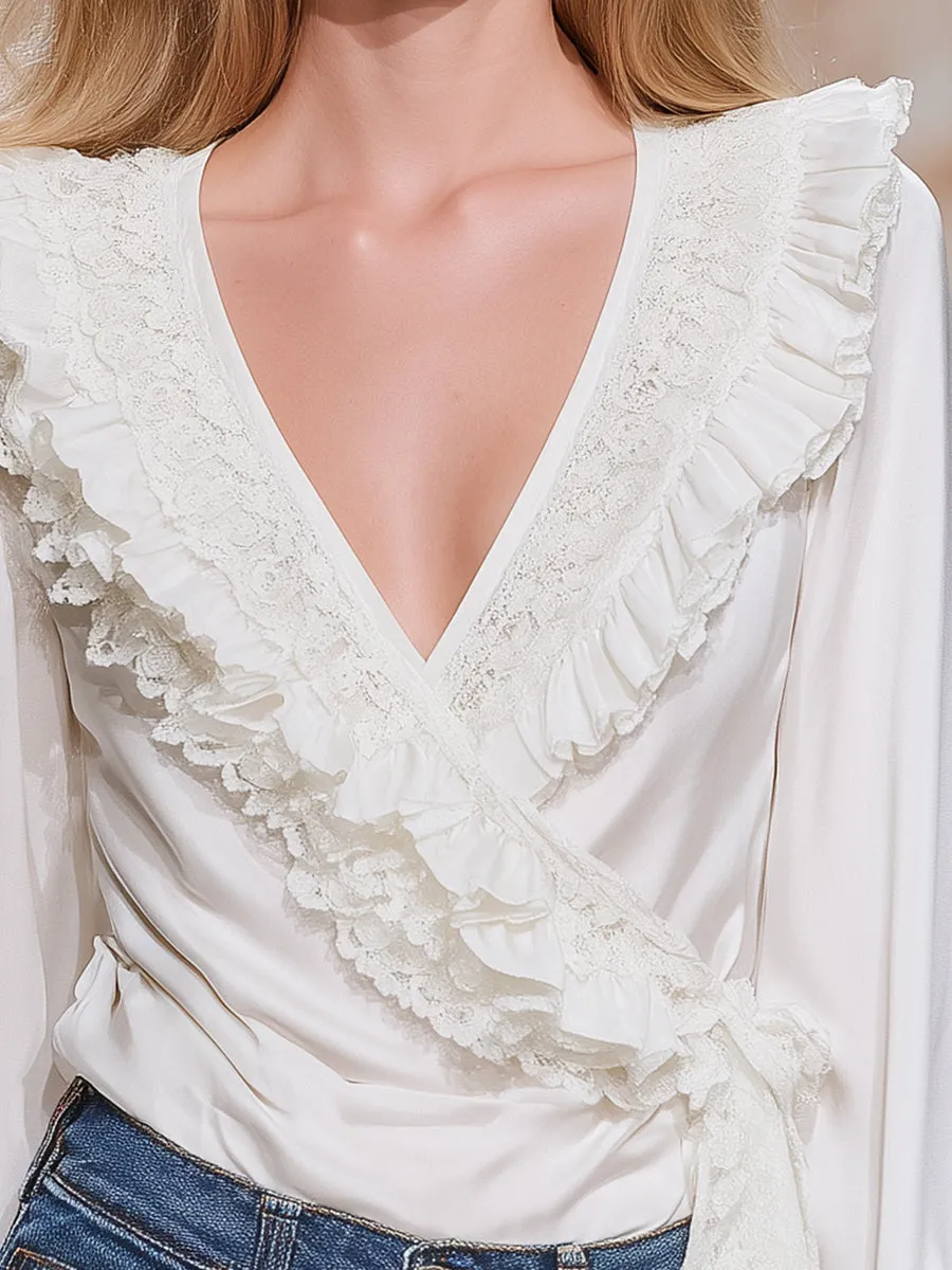Romantic And Elegant V-neck Lace Ruffled Tie White Chiffon Shirt sold by Oyrosy product image thumbnail 5