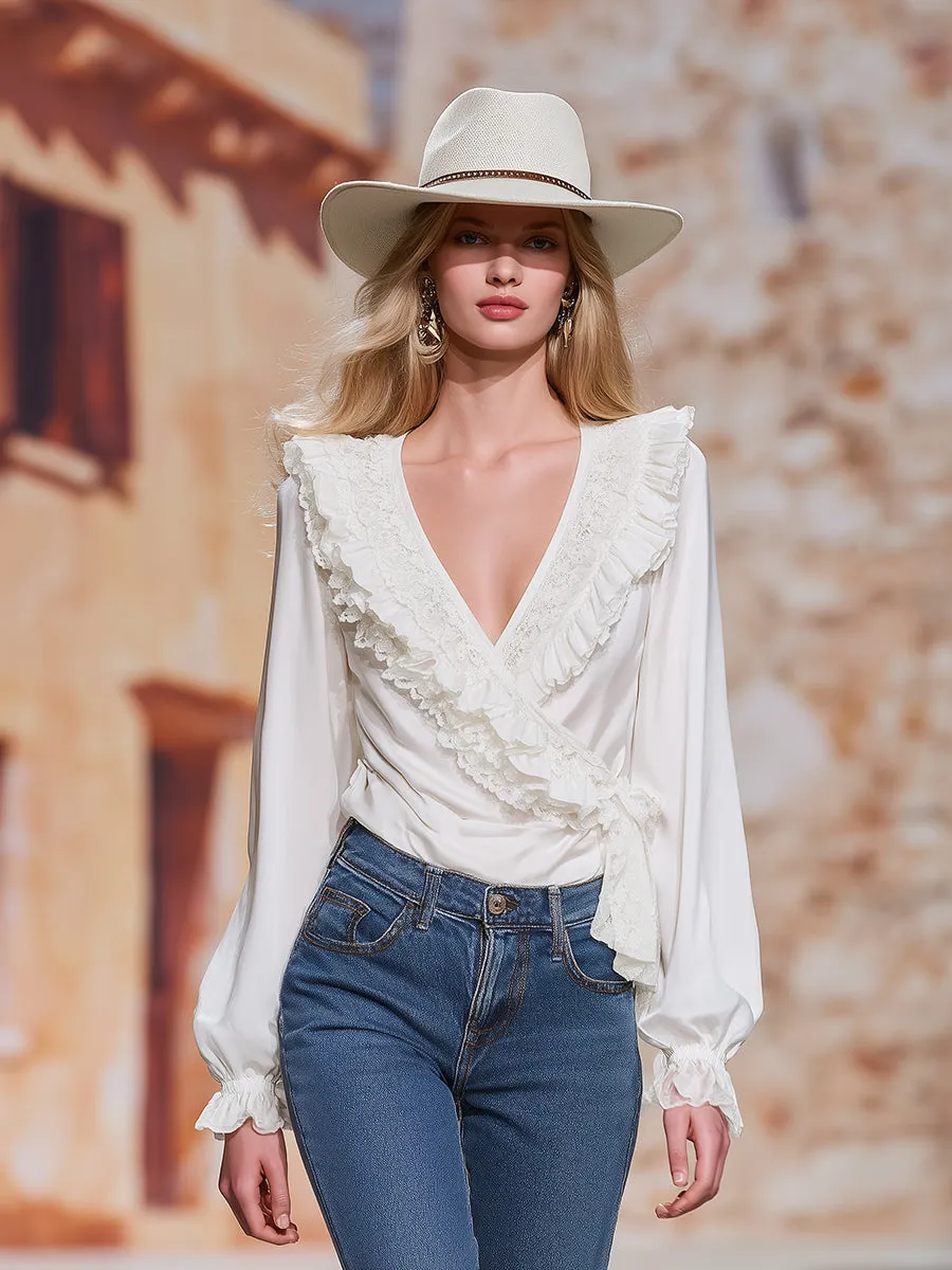 Romantic And Elegant V-neck Lace Ruffled Tie White Chiffon Shirt sold by Oyrosy product image thumbnail 4