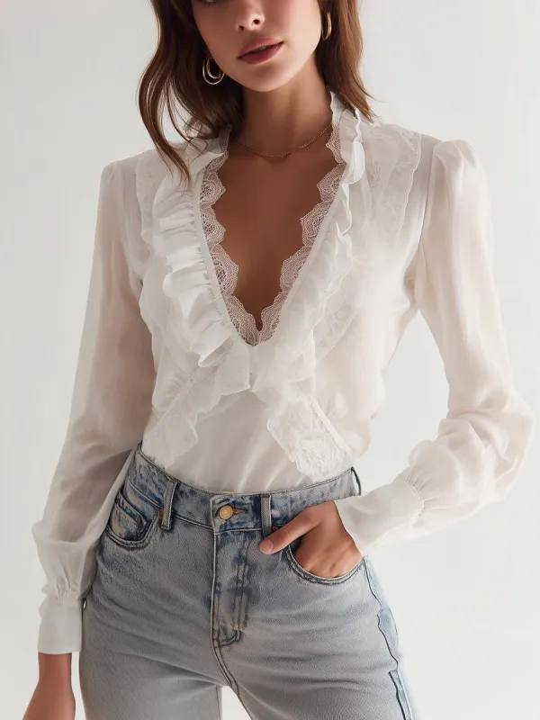 Romantic And Elegant V-neck Ruffled Lace Trim White Chiffon Shirt sold by Oyrosy