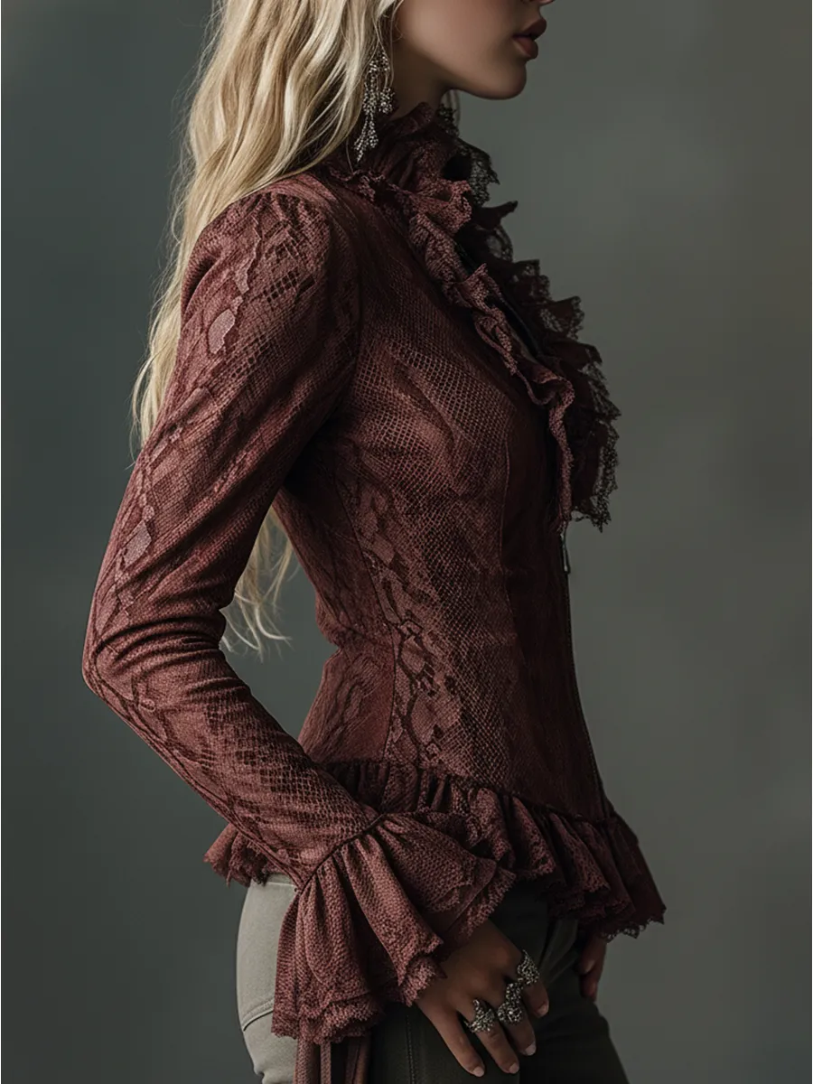 Retro Western Style Lace Ruffle Snake Print Faux Suede Top sold by Oyrosy product image thumbnail 2