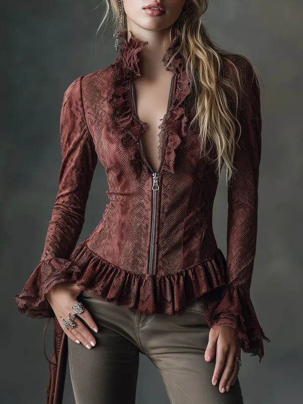 Retro Western Style Lace Ruffle Snake Print Faux Suede Top sold by Oyrosy