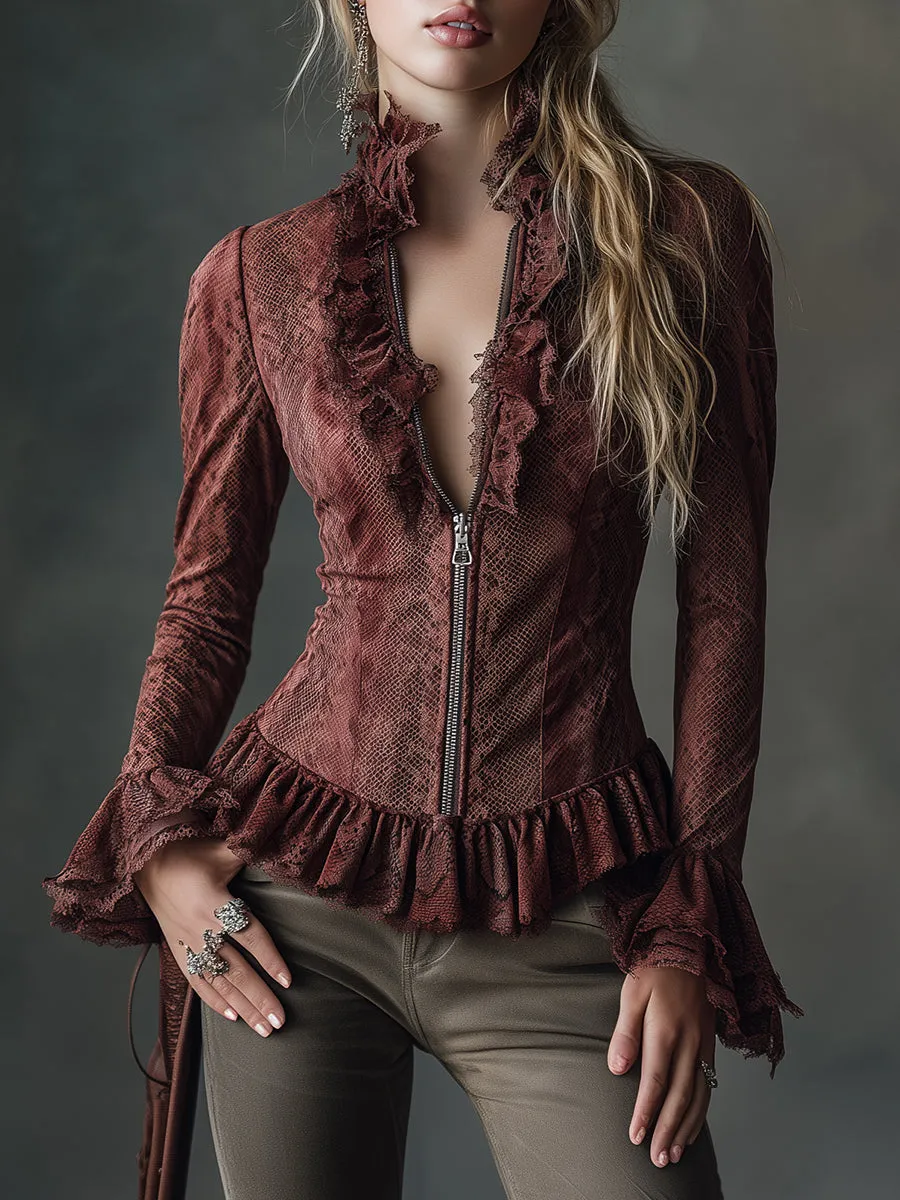 Retro Western Style Lace Ruffle Snake Print Faux Suede Top sold by Oyrosy