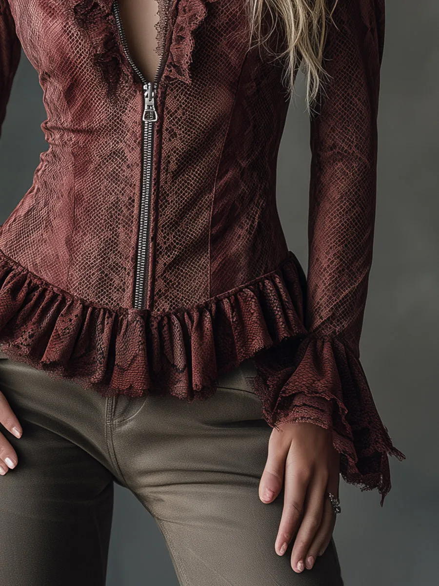 Retro Western Style Lace Ruffle Snake Print Faux Suede Top sold by Oyrosy product image thumbnail 5