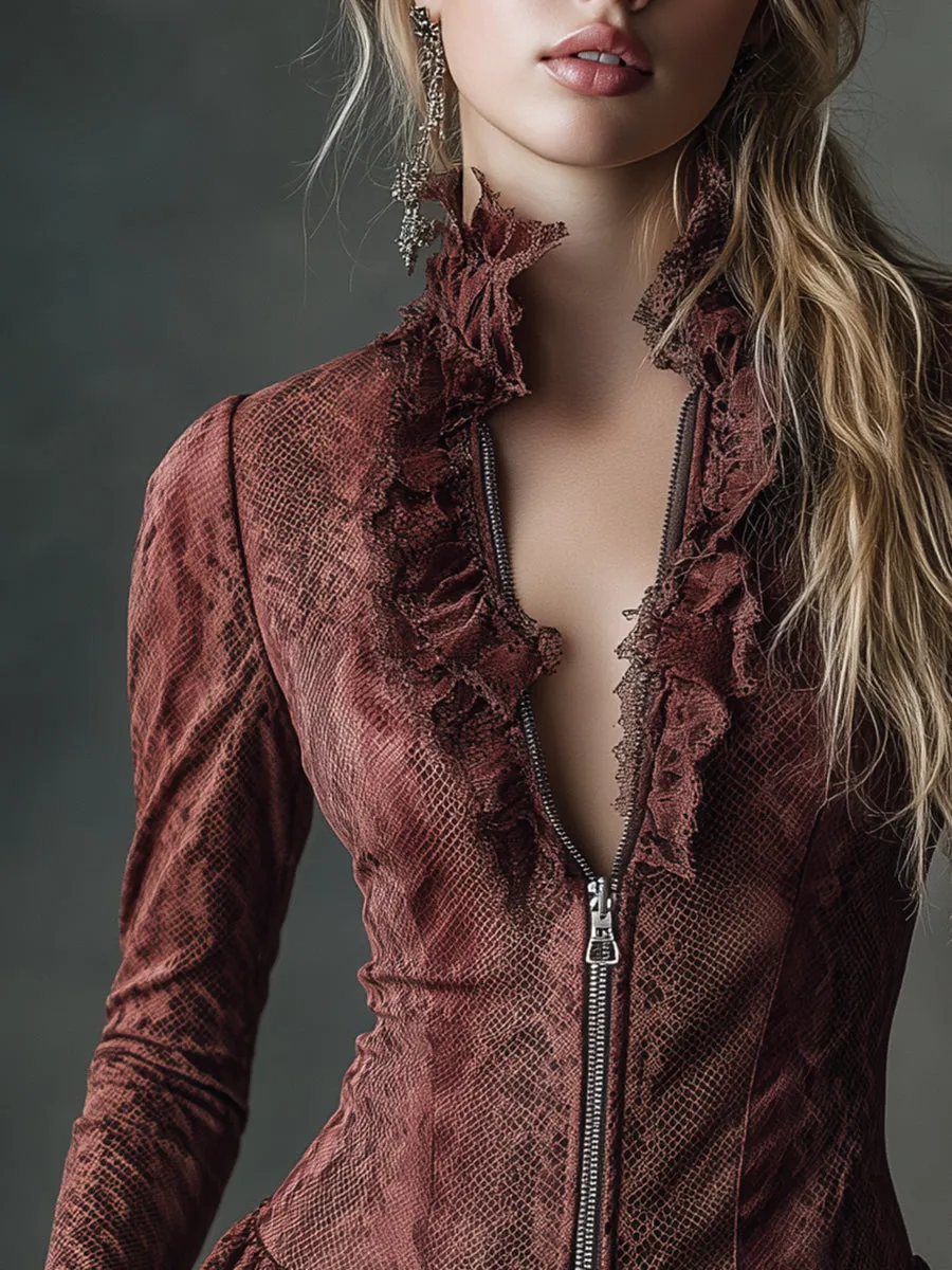 Retro Western Style Lace Ruffle Snake Print Faux Suede Top sold by Oyrosy product image thumbnail 4